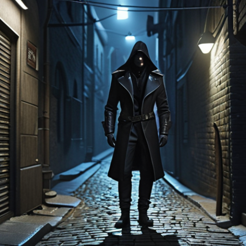 Home 6 ** A character wearing the "Night Shadow" set, standing in a dimly lit alleyway. The outfit is sleek and dark, with subtle glowing details. The character has an air of mystery. Focus on the elegance and stealthy appearance. The background includes elements of a modern Polish city at night.
**